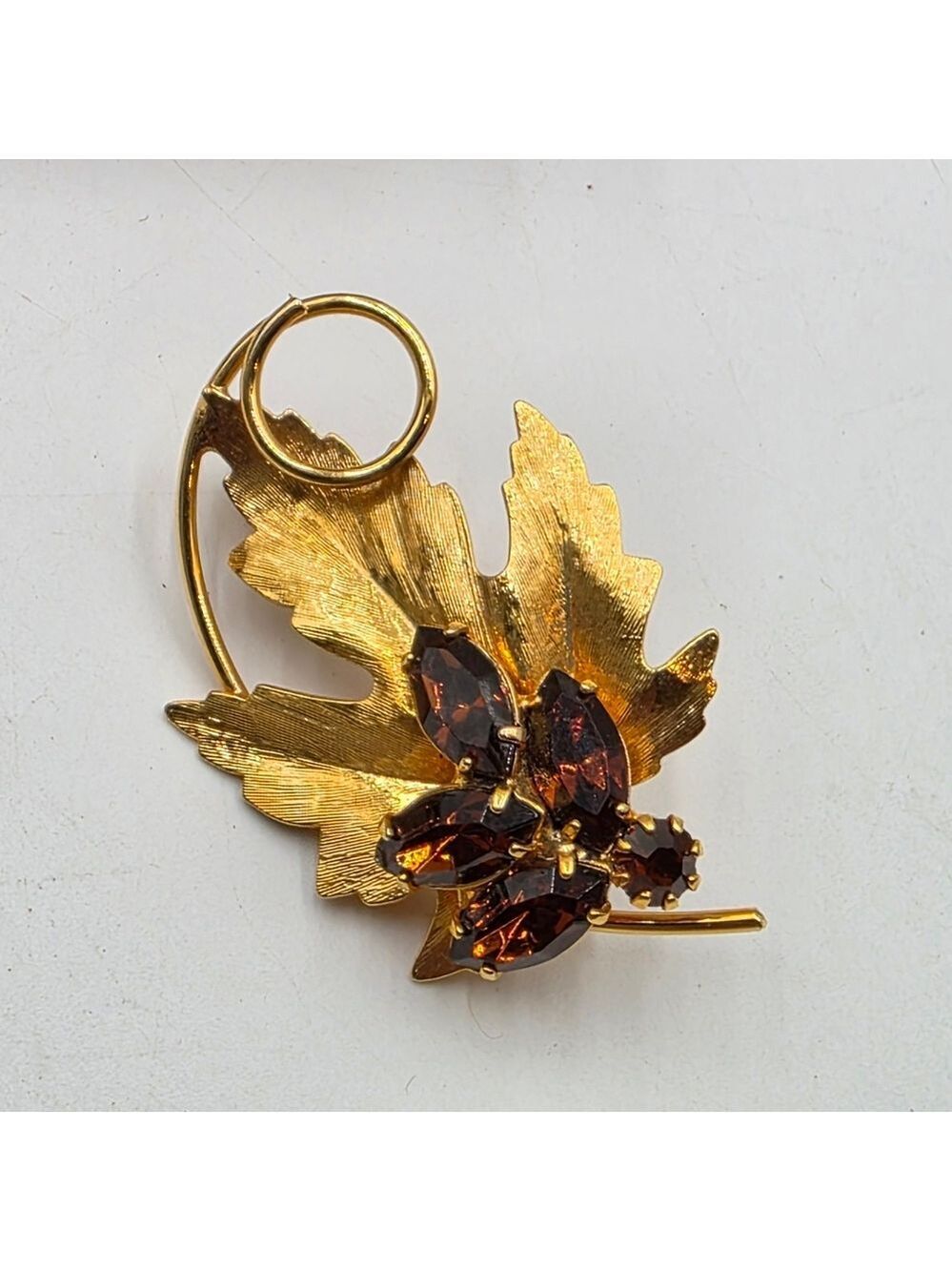 Vintage 1960s Mid-Century Brushed Gold Maple Leaf Brooch with Amber Rhinestones